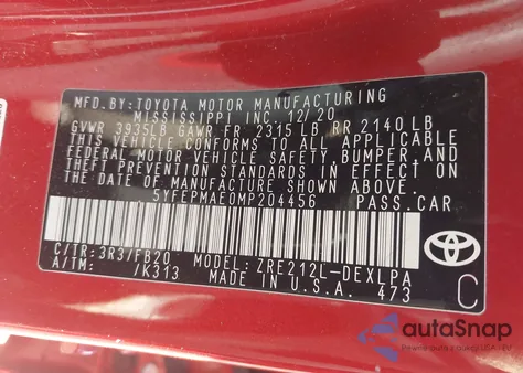 2021 Toyota Corolla Le z USA, uszkodzony, nr VIN 5YFEPMAE0MP204456